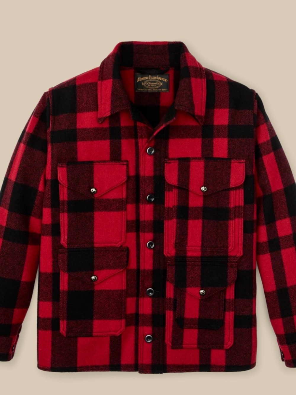 FILSON 1940S MACKINAW WOOL CRUISER JACKET SIZE 42 PLAID RED BLACK LARGE $679 USA